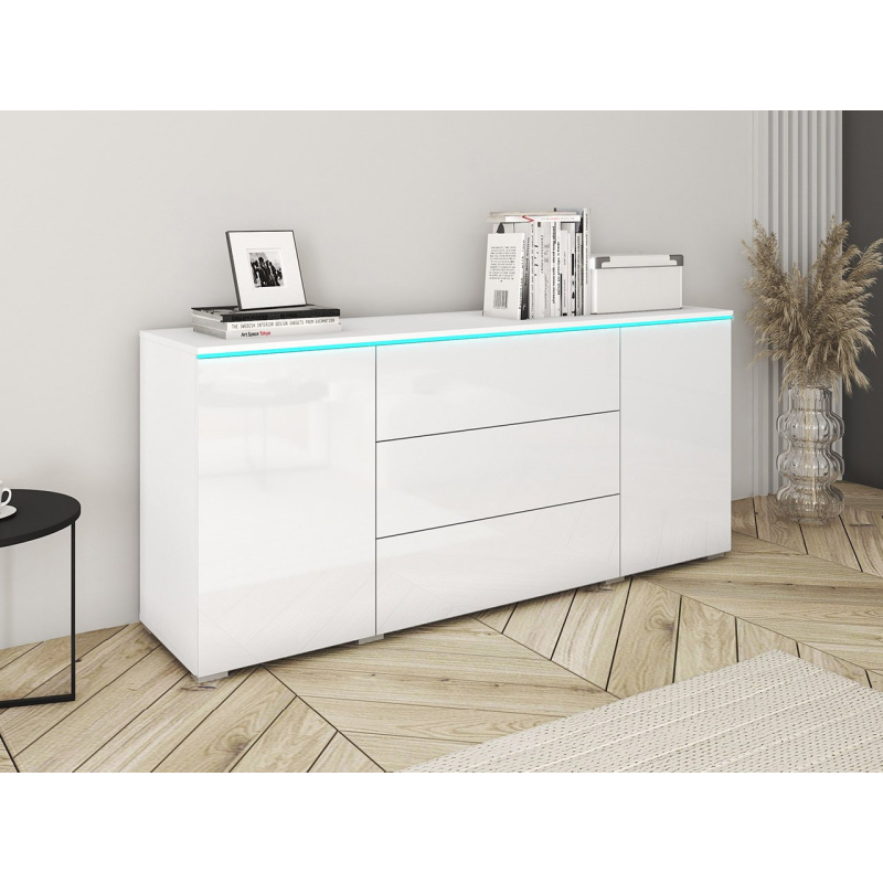 Kombinovaná komoda s bílým LED osvětlením AKASURI - bílá / lesklá bílá
