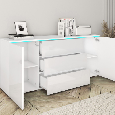 Kombinovaná komoda s bílým LED osvětlením AKASURI - bílá / lesklá bílá