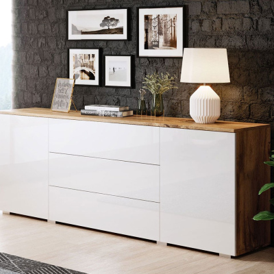 Moderní kombinovaná komoda MERISA 150 - lesklá bílá / dub wotan