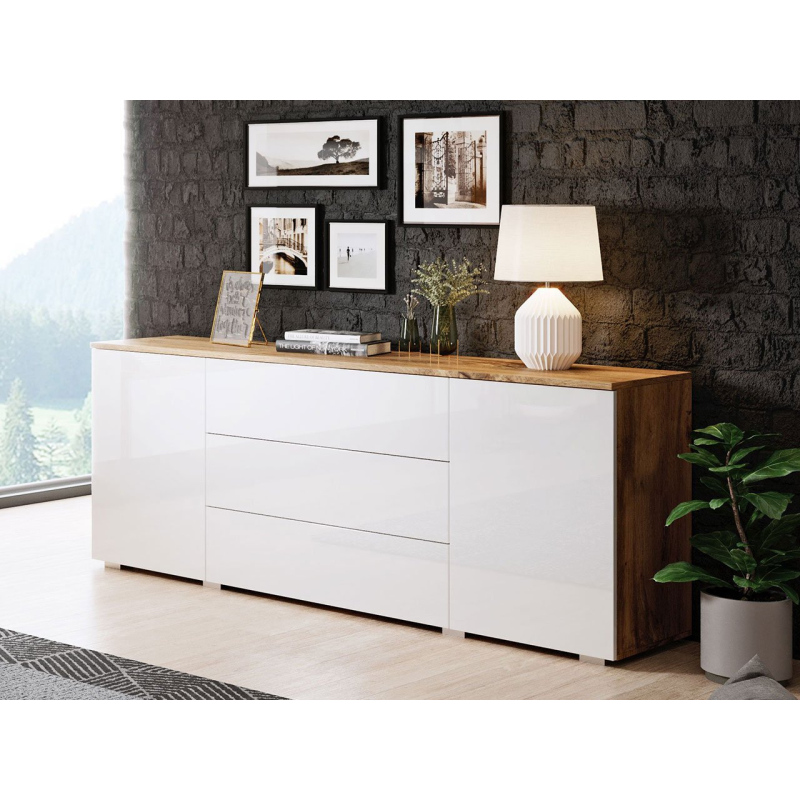 Moderní kombinovaná komoda MERISA 150 - lesklá bílá / dub wotan