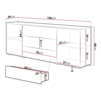 Moderní kombinovaná komoda MERISA 150 - lesklá bílá / dub wotan