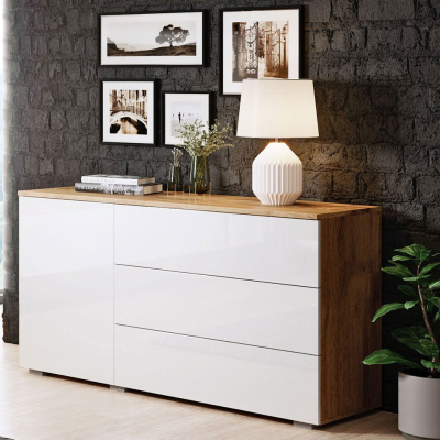 Moderní kombinovaná komoda MERISA 110 - lesklá bílá / dub wotan