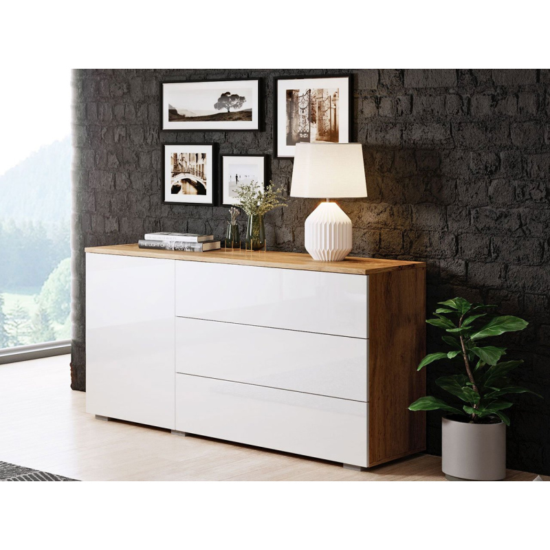 Moderní kombinovaná komoda MERISA 110 - lesklá bílá / dub wotan