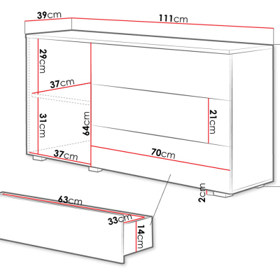 Moderní kombinovaná komoda MERISA 110 - lesklá bílá / dub wotan