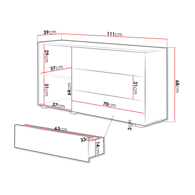 Moderní kombinovaná komoda MERISA 110 - lesklá bílá / dub wotan
