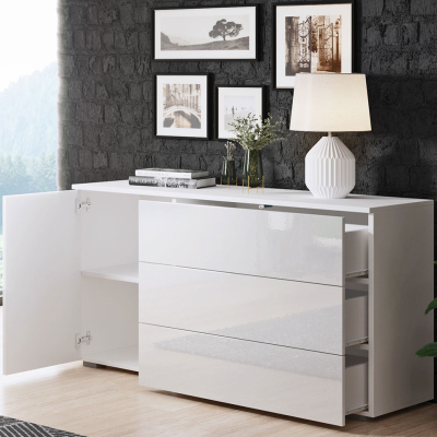 Moderní kombinovaná komoda MERISA 110 - lesklá bílá / dub wotan