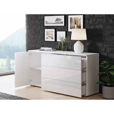 Moderní kombinovaná komoda MERISA 110 - lesklá bílá / dub wotan