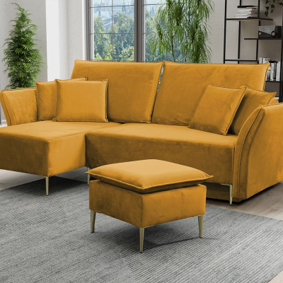 Rohová rozkládací sedačka KURI - hořčicová / zlaté nožky