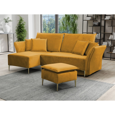 Rohová rozkládací sedačka KURI - hořčicová / zlaté nožky