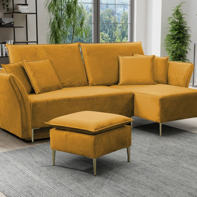 Rohová rozkládací sedačka KURI - hořčicová / zlaté nožky