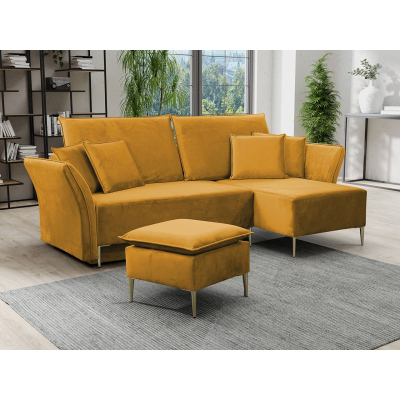 Rohová rozkládací sedačka KURI - hořčicová / zlaté nožky