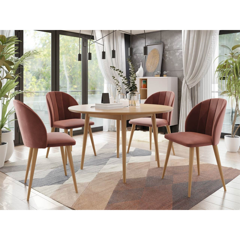 Kulatý jídelní stůl 120 cm se 4 židlemi NOWEN 1 - přírodní dřevo / růžový