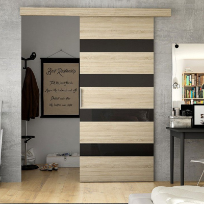 Posuvné dveře SKULEN 5 - 90 cm, dub sonoma / černé sklo
