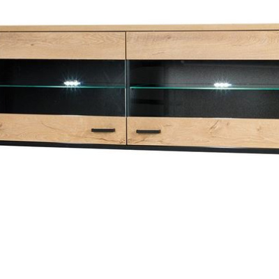 Závěsná vitrína s LED osvětlením YUNA - dub lefkas / černá