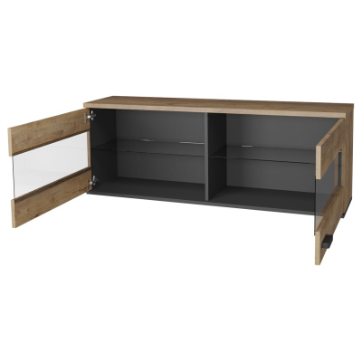 Závěsná vitrína s LED osvětlením YUNA - dub lefkas / černá