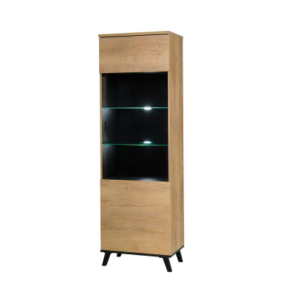 Vysoká vitrína YUNA - dub lefkas / černá, pravé provedení