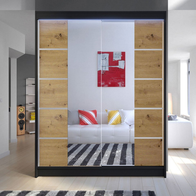 Zrcadlová šatní skříň 150 cm s LED osvětlením PIRITU 5 - černá / dub artisan