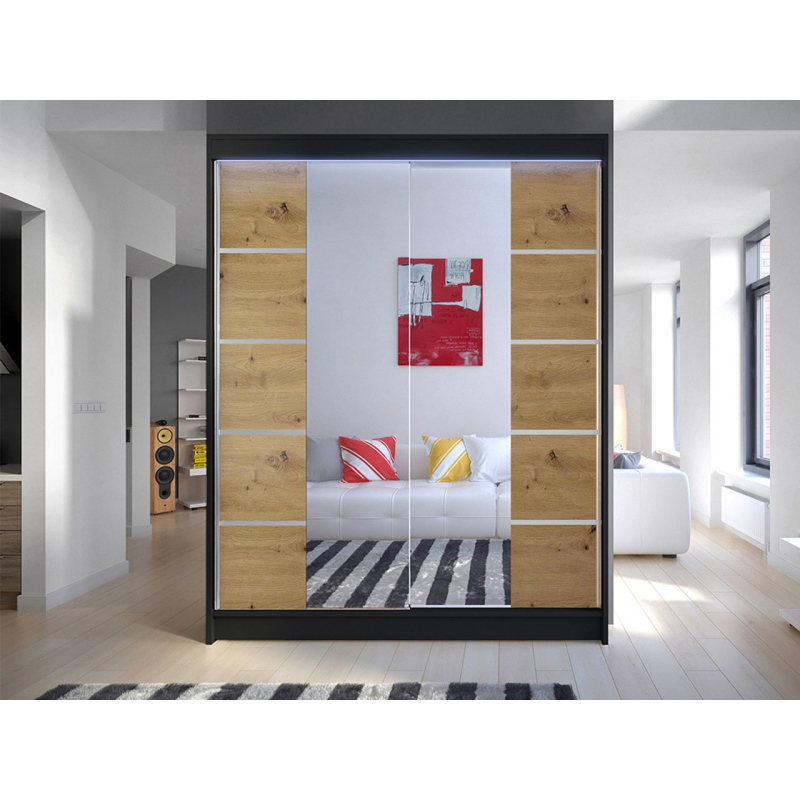Zrcadlová šatní skříň 150 cm s LED osvětlením PIRITU 5 - černá / dub artisan