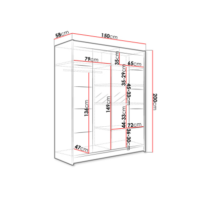 Zrcadlová šatní skříň 150 cm s LED osvětlením PIRITU 5 - černá / dub artisan