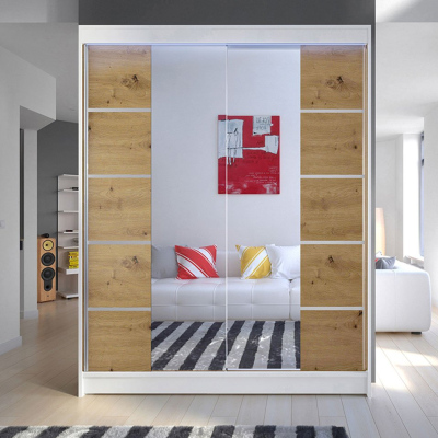 Zrcadlová šatní skříň 150 cm s LED osvětlením PIRITU 5 - bílá / dub artisan