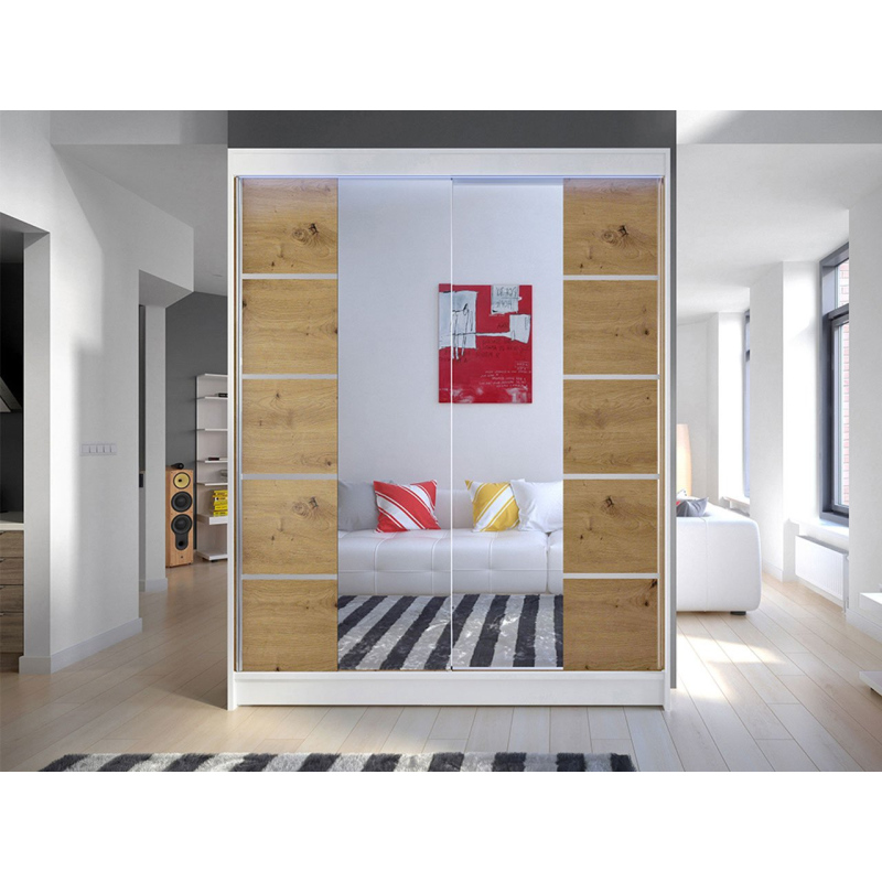 Zrcadlová šatní skříň 150 cm s LED osvětlením PIRITU 5 - bílá / dub artisan