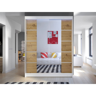 Zrcadlová šatní skříň 150 cm s LED osvětlením PIRITU 5 - bílá / dub artisan