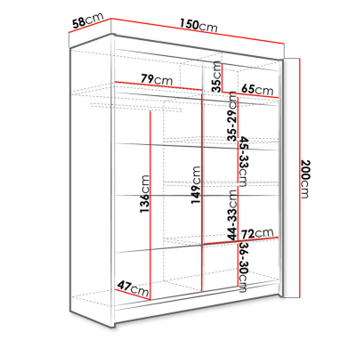 Šatní skříň 150 cm s posuvnými dveřmi a LED osvětlením PIRITU 4 - černá / dub artisan