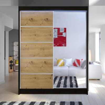 Šatní skříň 150 cm se zrcadlem a LED osvětlením PIRITU 3 - černá / dub artisan