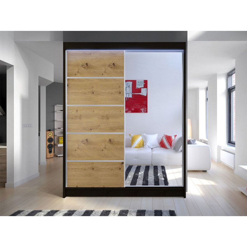 Šatní skříň 150 cm se zrcadlem a LED osvětlením PIRITU 3 - černá / dub artisan