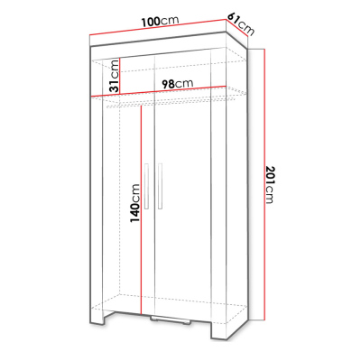 Dvoudveřová skříň s šatní tyčí TAKA - 100 cm, dub sonoma