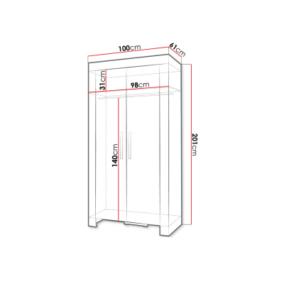 Dvoudveřová skříň s šatní tyčí TAKA - 100 cm, dub sonoma