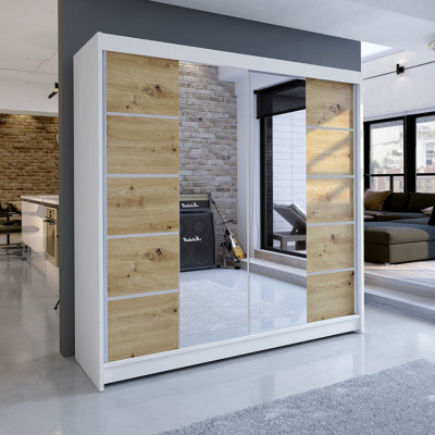 Šatní skříň 180 cm se zrcadlem a LED RGB osvětlením VILMA 5 - bílá / dub artisan