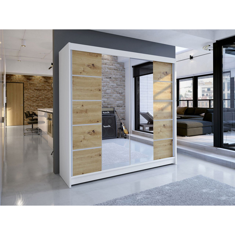 Šatní skříň 180 cm se zrcadlem a LED RGB osvětlením VILMA 5 - bílá / dub artisan