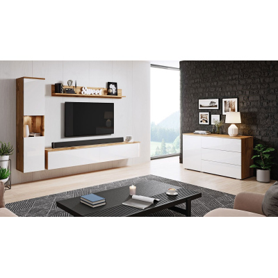 Nábytek do obývacího pokoje s LED osvětlením ROSARIO - dub wotan / lesklý bílý