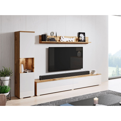 Moderní obývací stěna s LED osvětlením ROSALIO - dub wotan / lesklá bílá