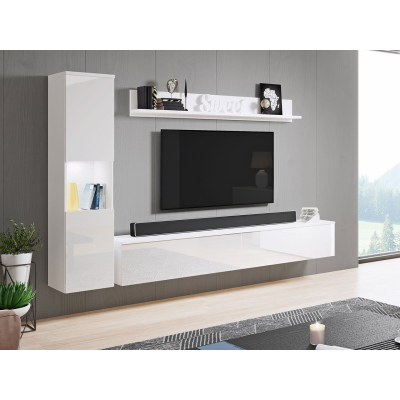 Moderní obývací stěna s LED osvětlením ROSALIO - lesklá bílá / bílá