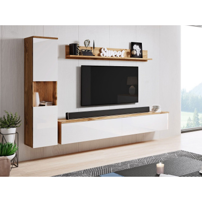 Moderní obývací stěna ROSALIO - dub wotan / lesklá bílá