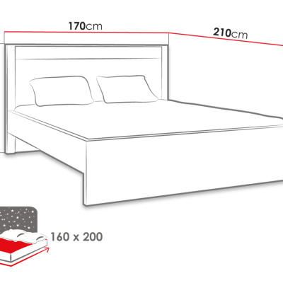 Manželská postel s roštem a LED osvětlením 160x200 CHALAPATA - dub kraft bílý