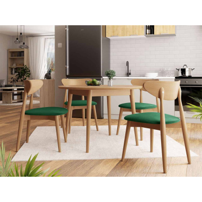 Kulatý jídelní stůl 120 cm se 4 židlemi OLMIO 1 - přírodní dřevo / zelený