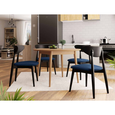 Jídelní stůl 100 cm se 4 židlemi OLMIO 1 - přírodní dřevo / černý / modrý