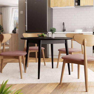 Jídelní stůl 100 cm se 4 židlemi OLMIO 1 - černý / přírodní dřevo / růžový