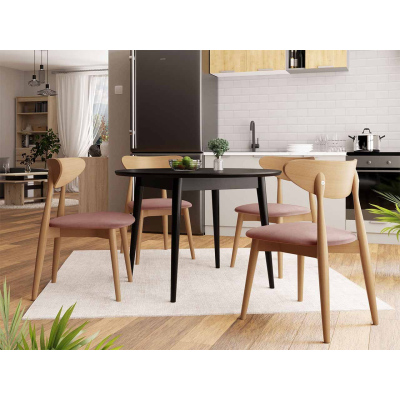 Jídelní stůl 100 cm se 4 židlemi OLMIO 1 - černý / přírodní dřevo / růžový
