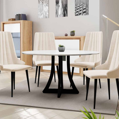 Kulatý jídelní stůl 120 cm se 4 židlemi TULZA 1 - lesklý černobílý / béžový