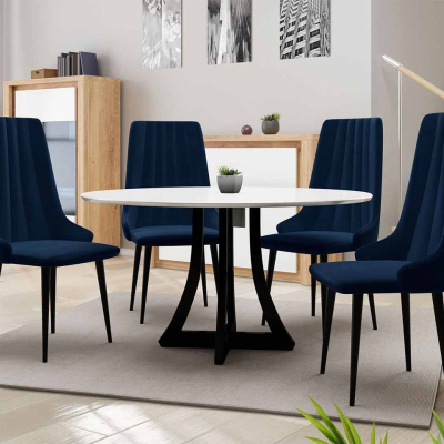 Kulatý jídelní stůl 120 cm se 4 židlemi TULZA 1 - lesklý černobílý / modrý