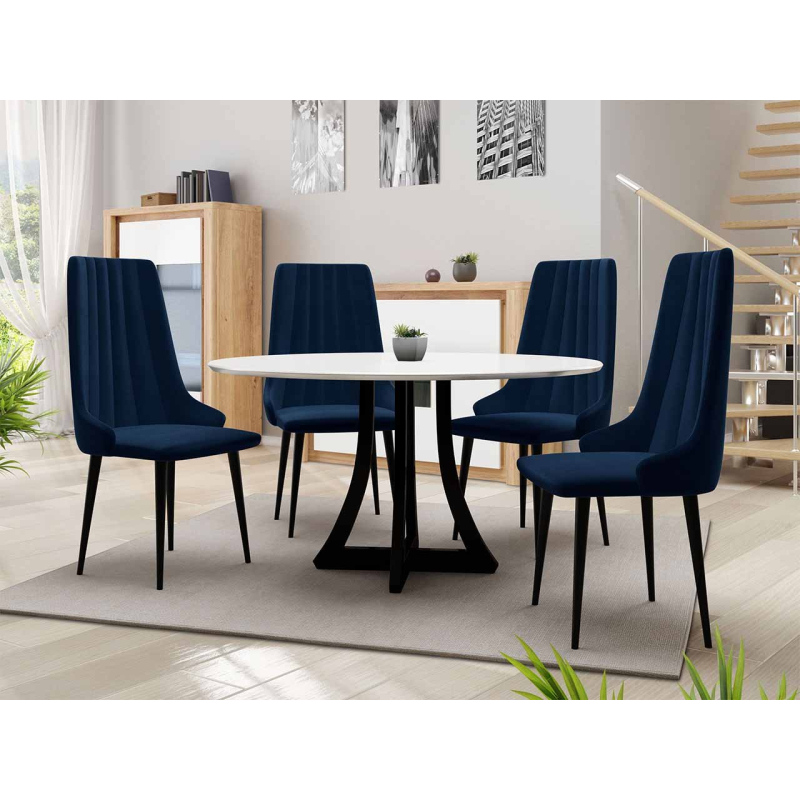 Kulatý jídelní stůl 120 cm se 4 židlemi TULZA 1 - lesklý černobílý / modrý