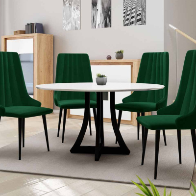 Kulatý jídelní stůl 100 cm se 4 židlemi TULZA 1 - lesklý černobílý / zelený