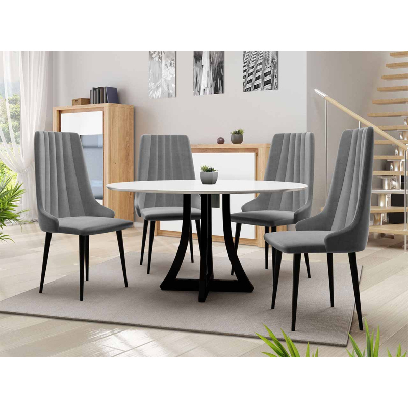 Kulatý jídelní stůl 100 cm se 4 židlemi TULZA 1 - lesklý černobílý / šedý
