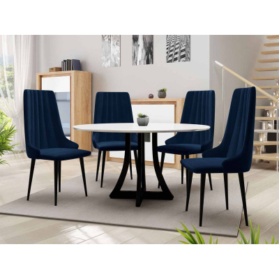 Kulatý jídelní stůl 100 cm se 4 židlemi TULZA 1 - lesklý černobílý / modrý