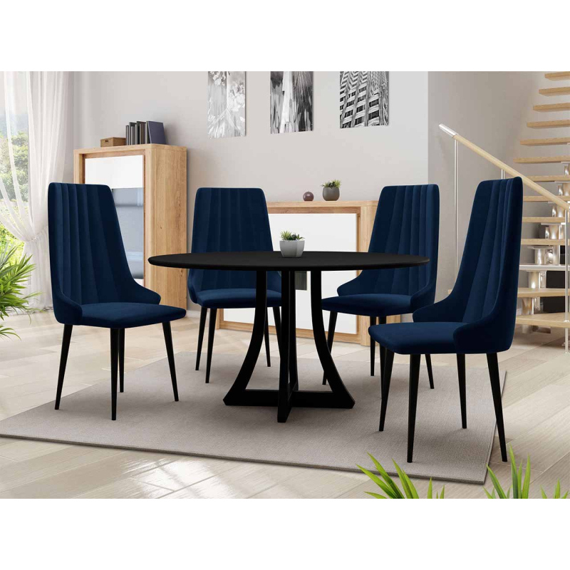 Kulatý jídelní stůl 120 cm se 4 židlemi TULZA 1 - černý / modrý