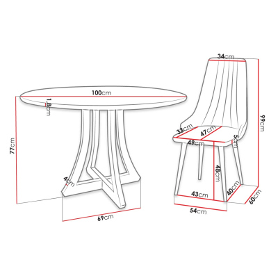 Kulatý jídelní stůl 100 cm se 4 židlemi TULZA 1 - lesklý černobílý / černý